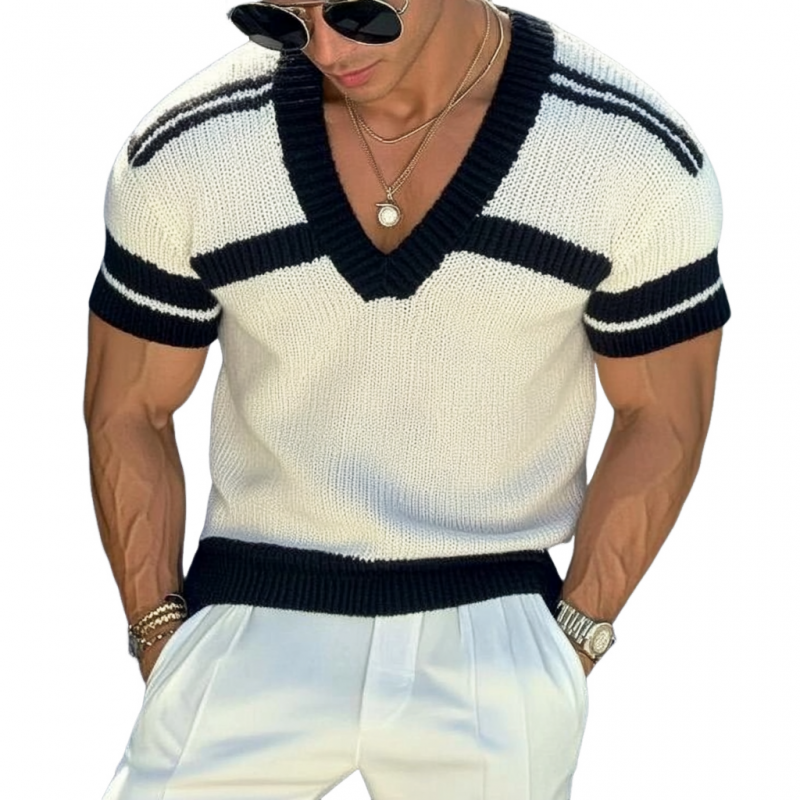 【24-hour shipping out】Men's Casual V-neck Striped Jacquard Slim Fit Knitted Short-sleeved Sweater T-Shirt 13072472M