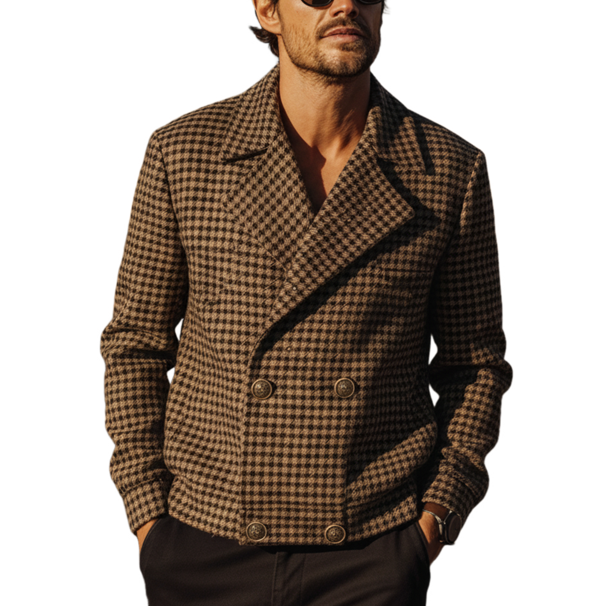 Men's Classic Vintage Lapel Double-breasted Houndstooth Wool Jacket MTA0988L8K