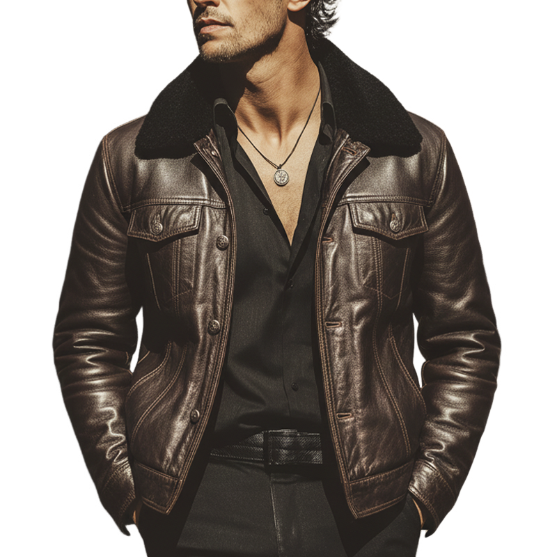 Men's Business Fur Collar Chocolate-colored PU Leather Jacket MTA0982L4U