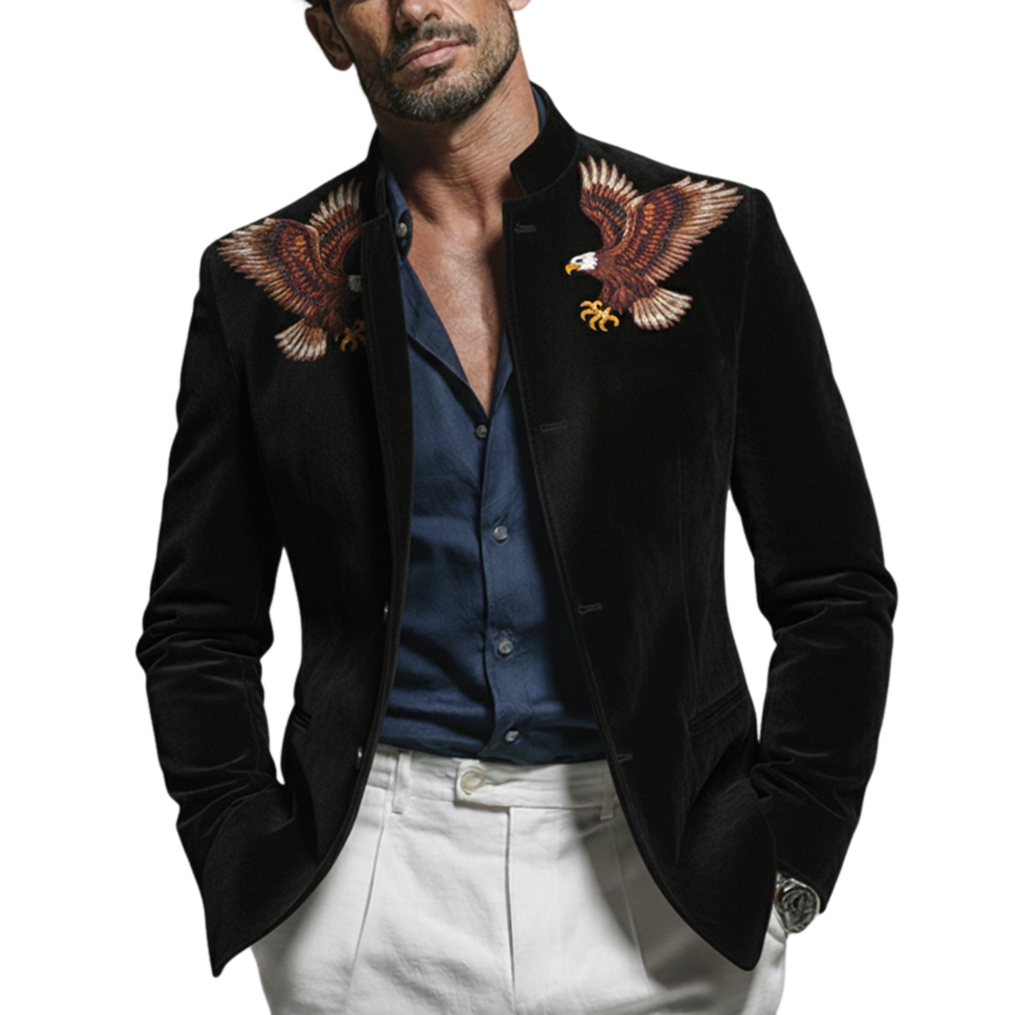 Men's Classic Vintage Stand-collar Embroidered Faux Velvet Jacket MTA0957L4K